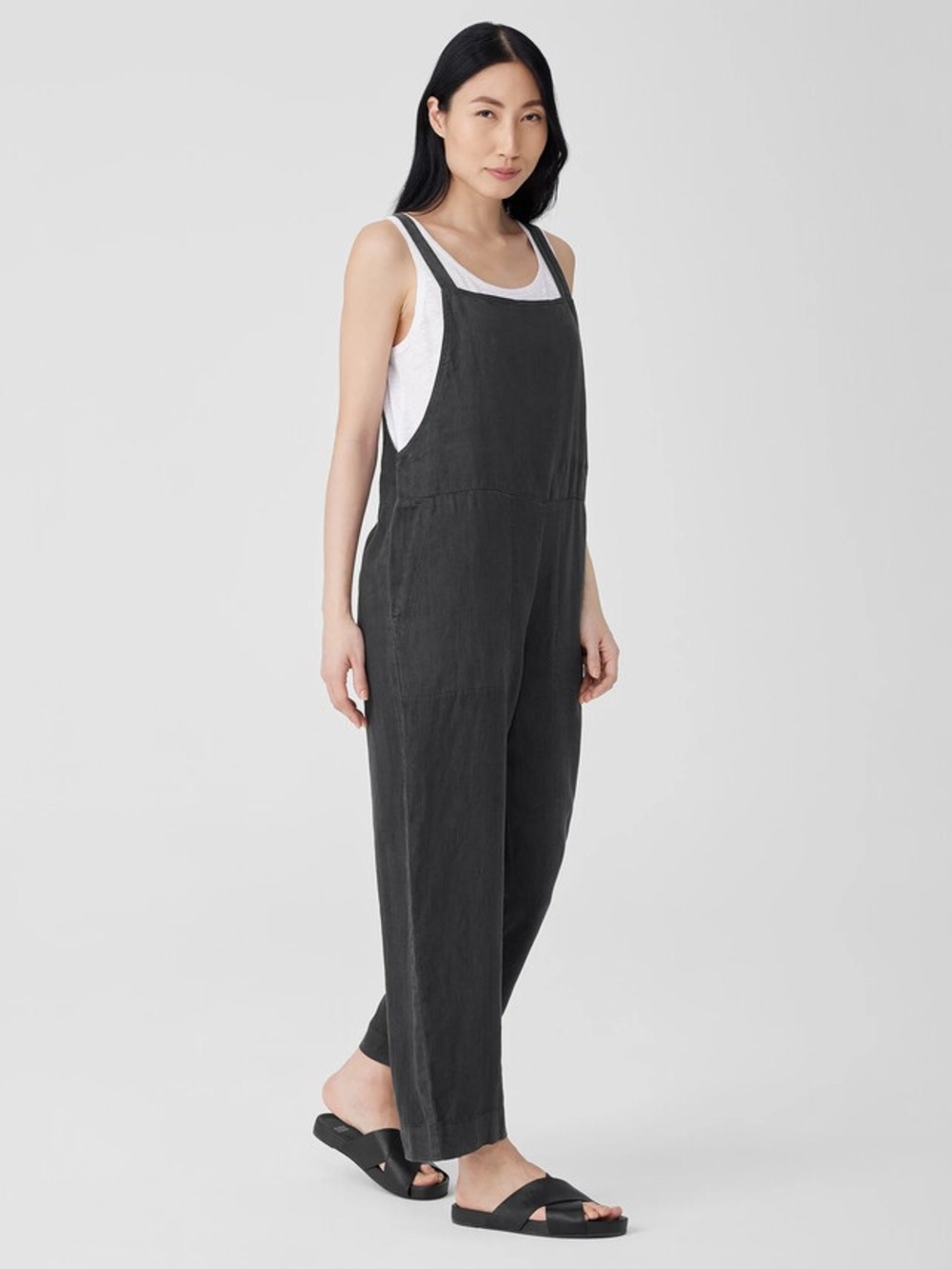 Eileen Fisher Linen Garment Dyed Gray Overalls M Petite